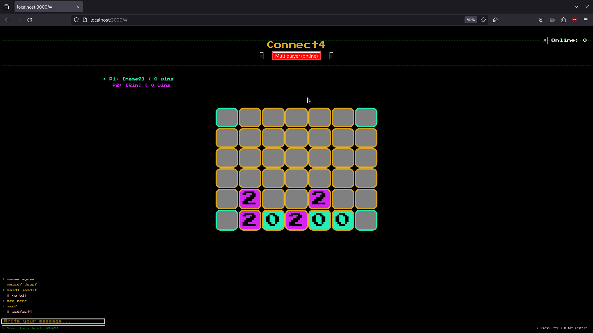 The Connect4 game interface showcasing the board, multiplayer mode, and chat feature